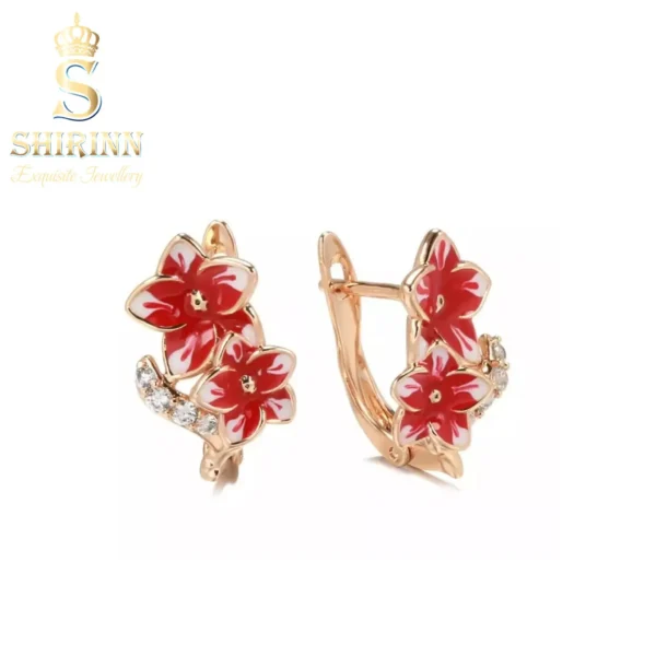 14k Gold Plated Elegant Red Flowers Earrings